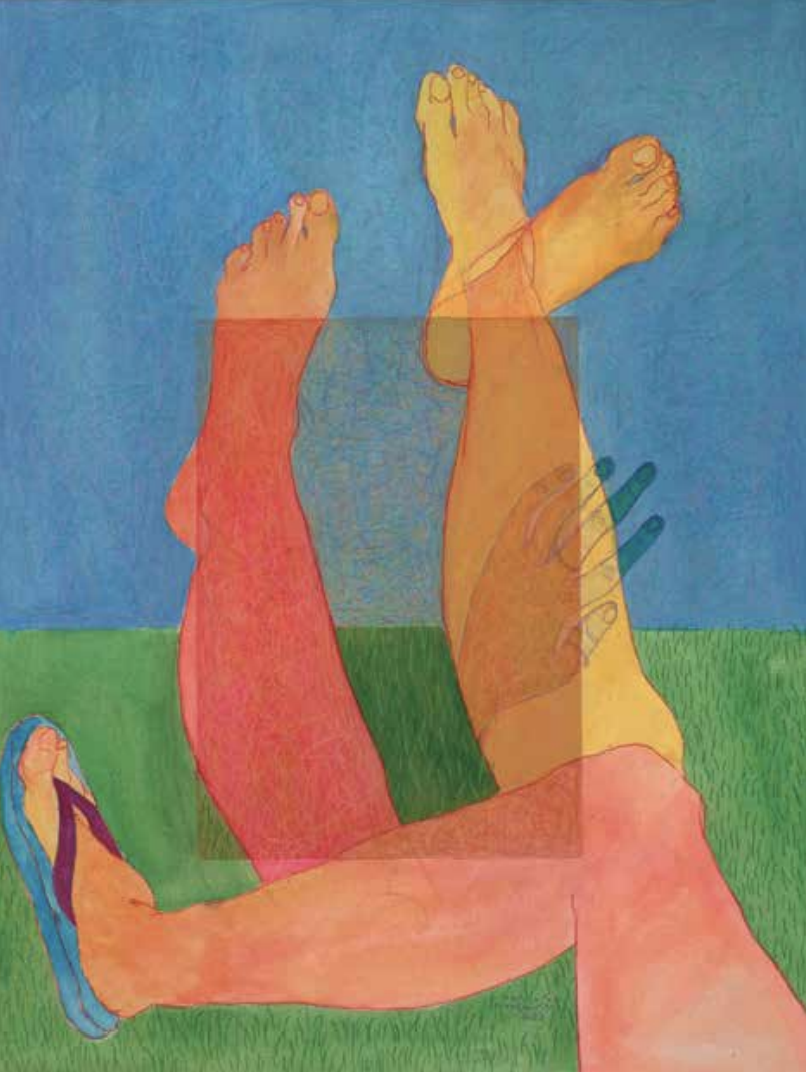 two pairs of legs on a background of blue and green