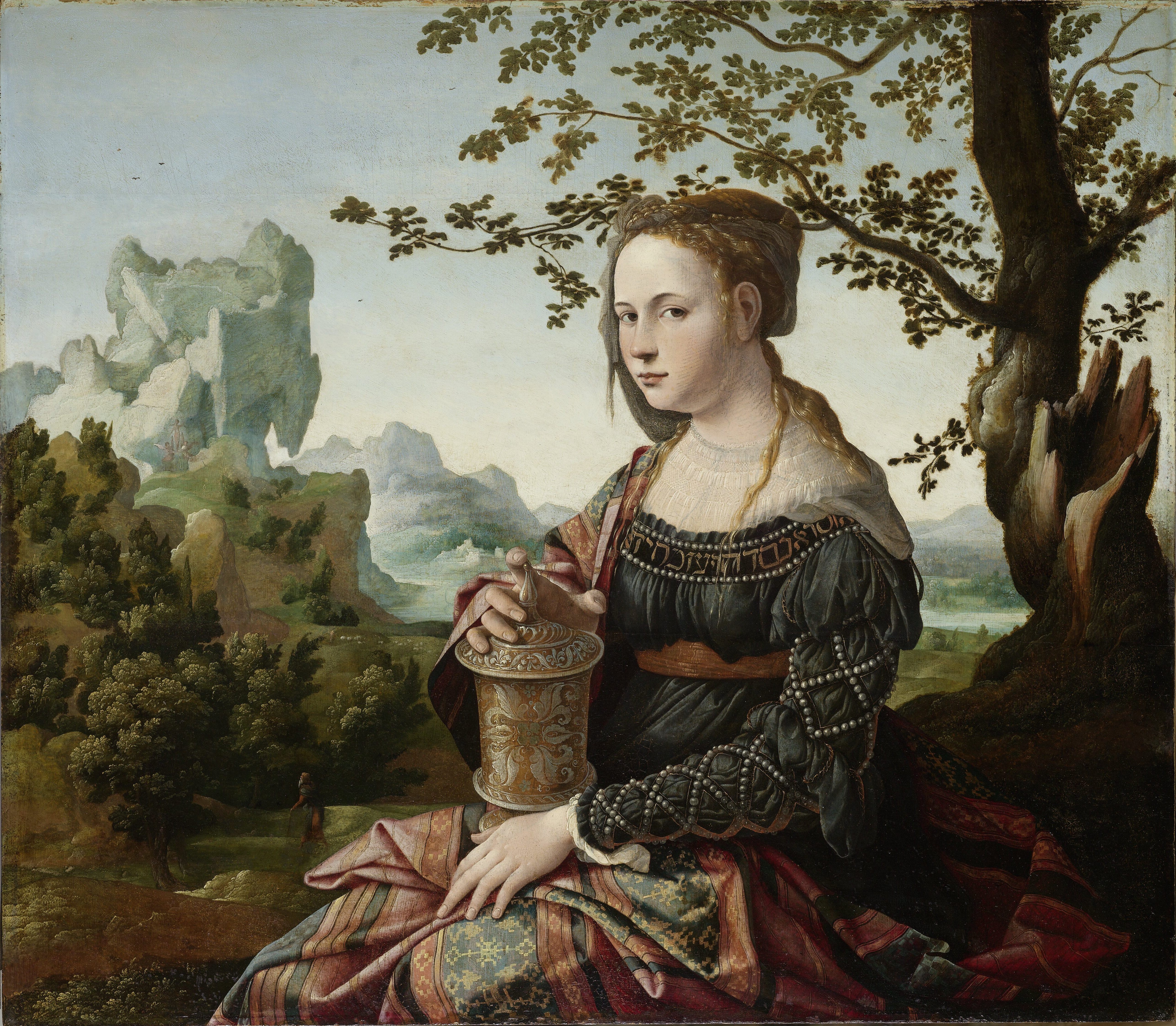 Italian Renaissance style painting of a woman in a red dress