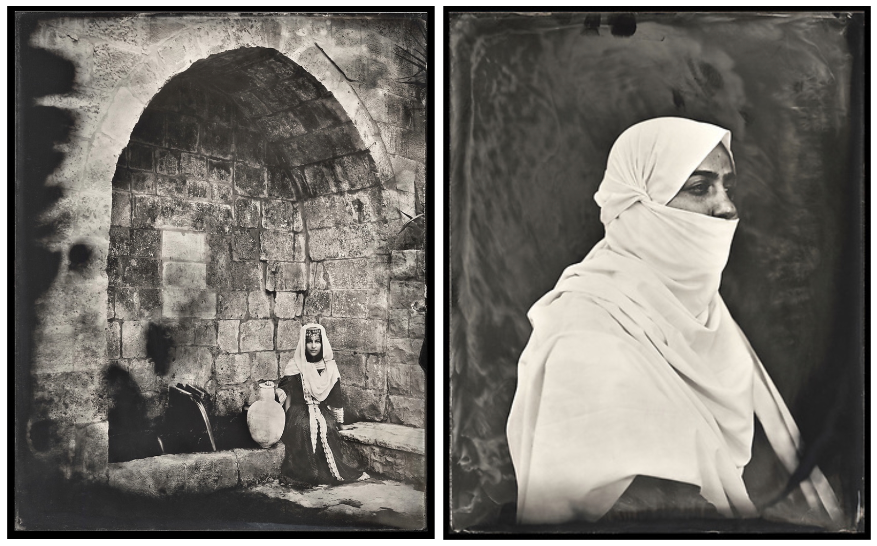 left, monochrome photograph of a Druze woman in traditional dress sitting in a stone arched niche with a large jug. Right, monochrome portrait photograph of a Druze woman in 3/4 view