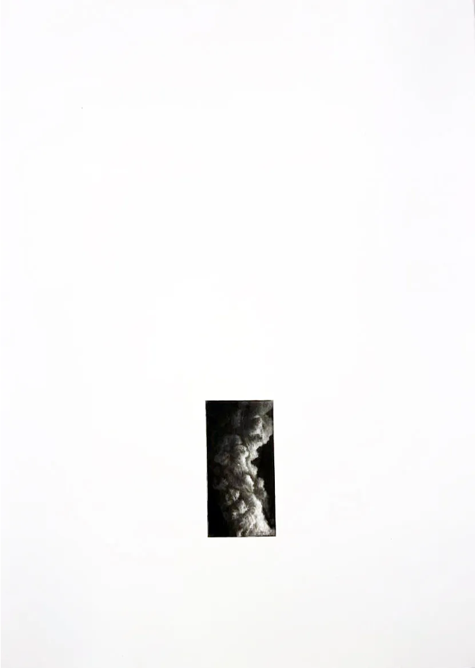 monochrome print of a rising white cloud on a black background