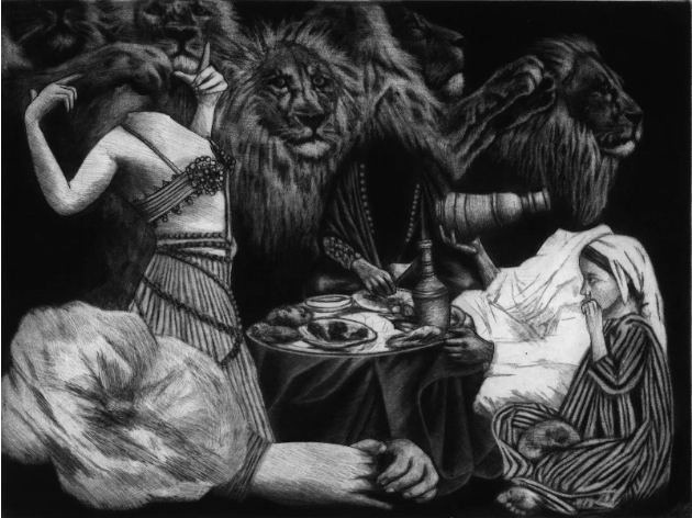 monochrome print with headless dancer, a young girl, a table set with food and tea, and three lions in the background