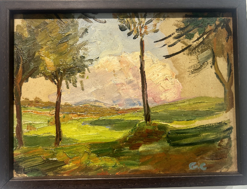 landscape painting, trees and hills