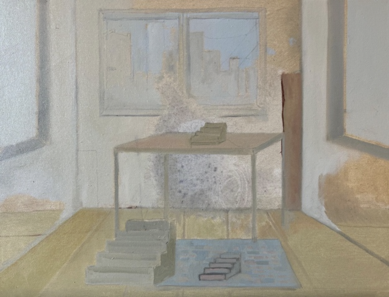 painting of a table in a room with windows