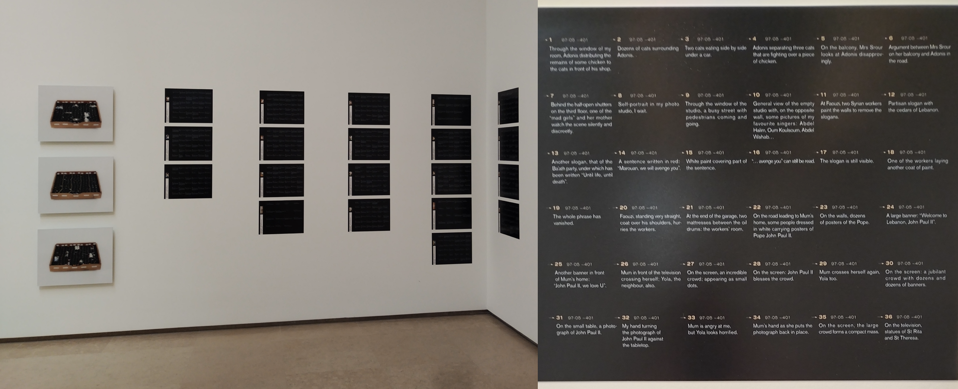 Left: view of gallery interior with black contact sheets displayed on the wall; Right: close up of black contact sheet with small white text