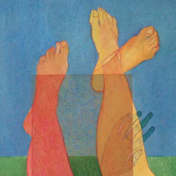 3 legs on a blue and green background