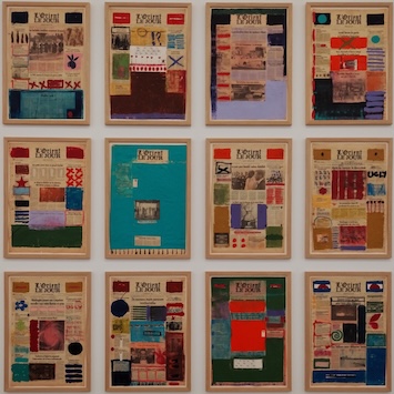 Detail of artwork by Nada Sehnaoui, Painting L’Orient-Le Jour. Acrylic paint on newpapers.